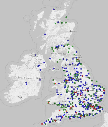 Map showing publicised UXO finds across the UK